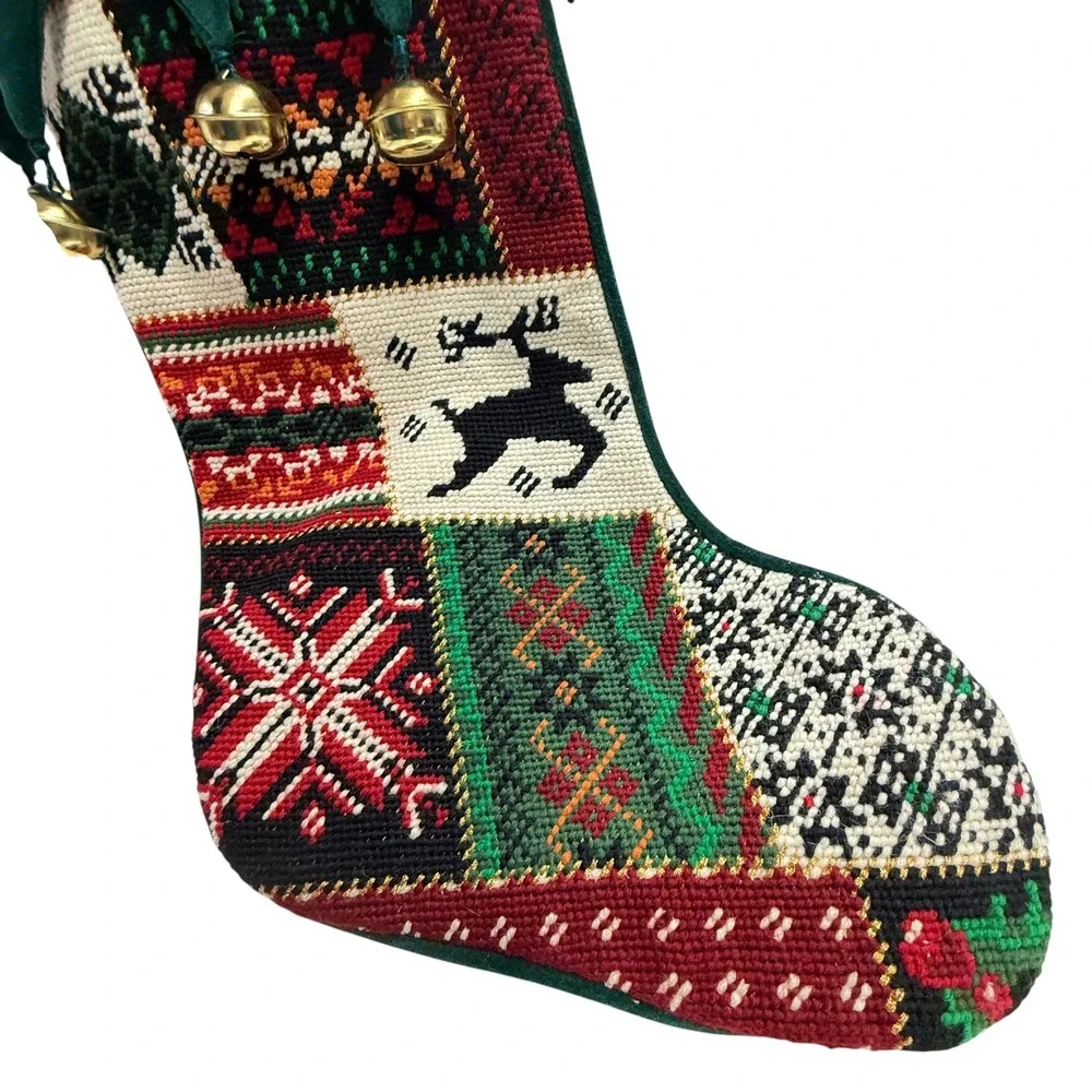 Vintage Patchwork Christmas Stocking‎ Reindeer Snowflake Bells Green Velvet Top